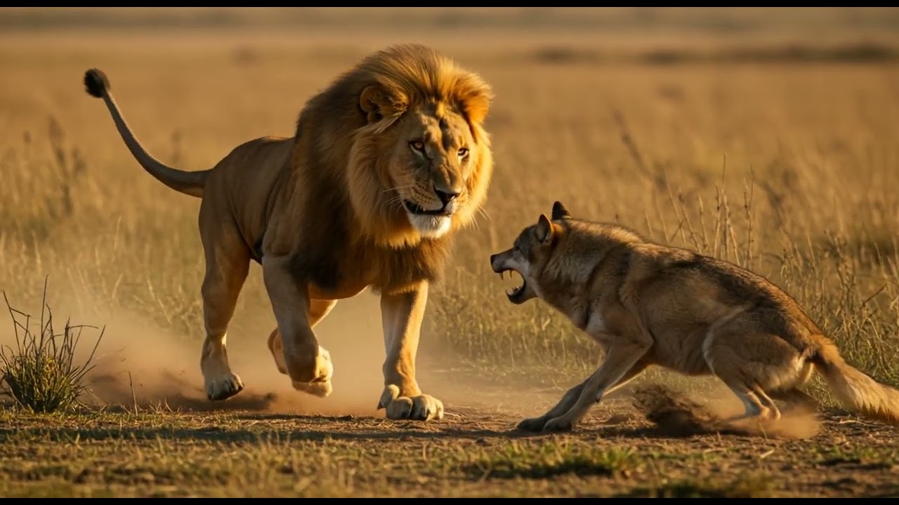 Savanna Showdown: Lion Attacks Wolf 