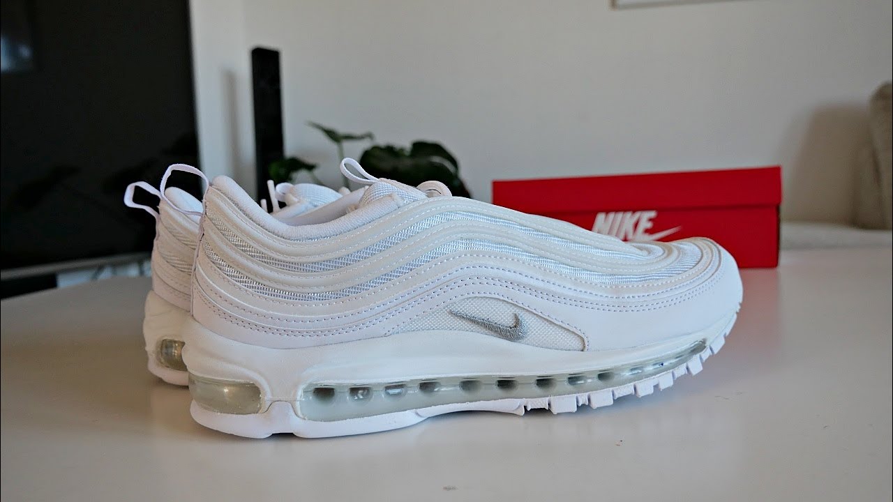 triple white air max 97 on feet