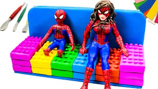 DIY sofá lego y familia del hombre araña superhéroe con arcilla | Tutorial de arcilla polimérica