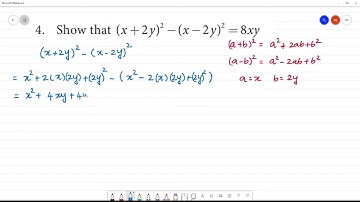 Class 7 TN Maths Term III  3. ALGEBRA     Exercise 3.3     4. Show that (x+2y)2 - (x-2y)2 = 8xy