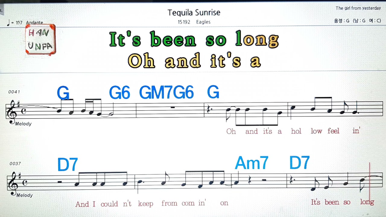 Tequila sunriseEagles    Karaoke Sheet Music Chord MR