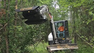 Mini Excavator brush cutter clearing overgrown trails! Construction attachments 42' HD cutter