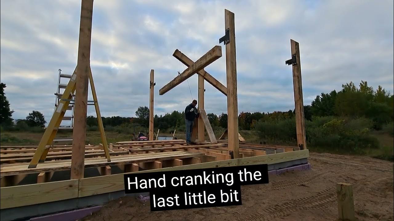 Using a homemade Jib Pole to set the beams for our barndominium under