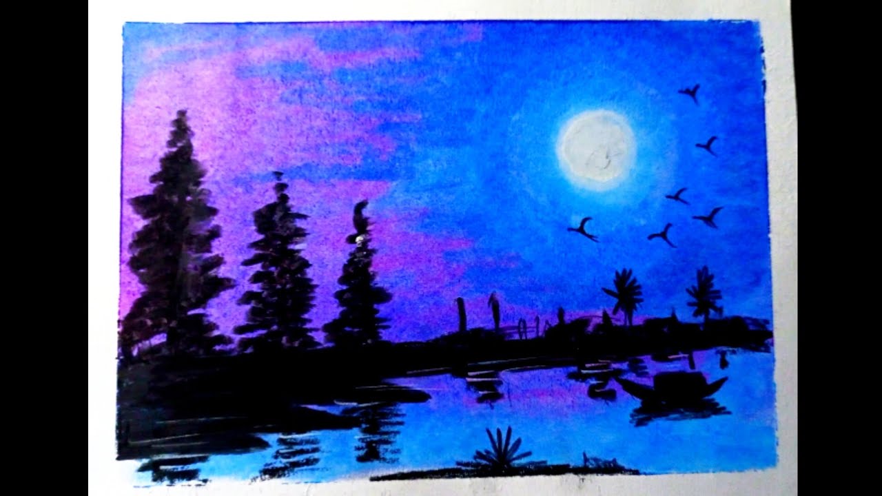 Moonlight Draw How to draw moon light scenery for kids by oil pastel colours? # ...