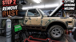 PAINTING PROCESS PT2 Removing RUST!! Cutting, Grinding, Welding. 71 C10 restoration!