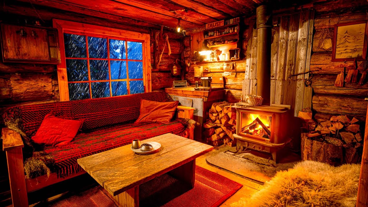 Rainy Night in Forest Cabin | Cozy Fireplace, Gentle Rain & Peaceful ...