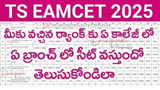 TS Eamcet 2025 Rank vs College vs Branch |TS Eamcet 2025 Rank vs College vs Branch vs Seat | Best