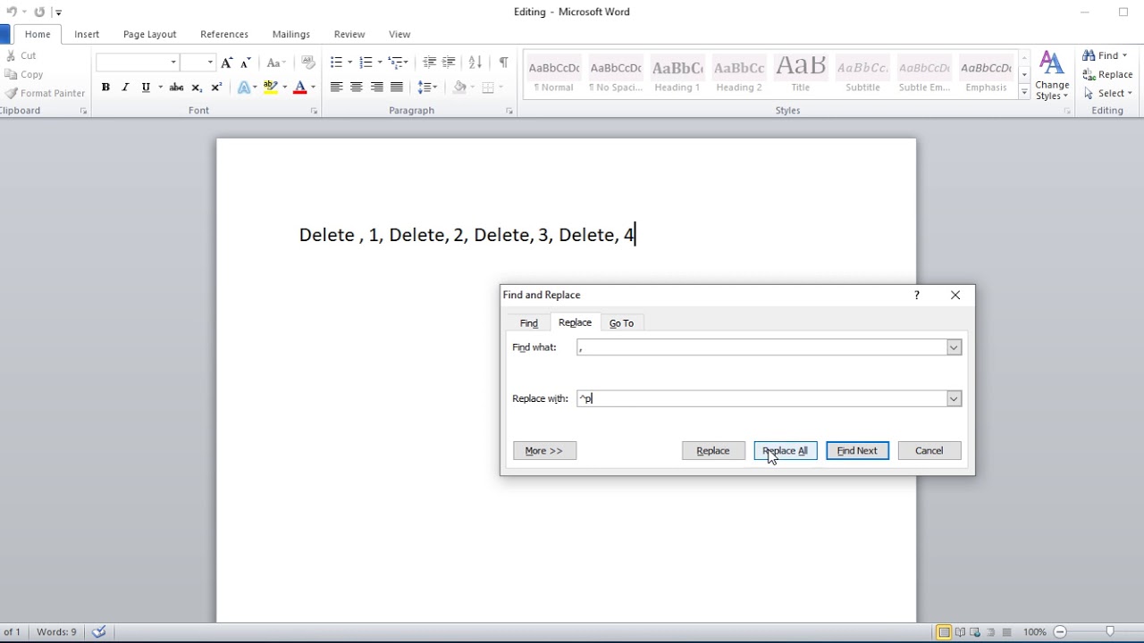 microsoft word find and replace at start of line