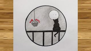 Pencil drawing in a circle scenery drawing | Alone cat drawing |Easy circle drawing