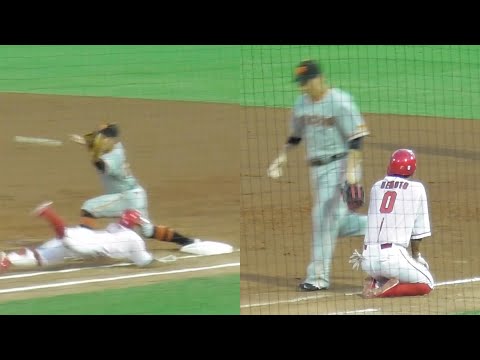 上本崇司、セーフティバントを試みるもアウトの判定！長野さんが歩み寄り肩ぽんしちゃう！2023年8月6日