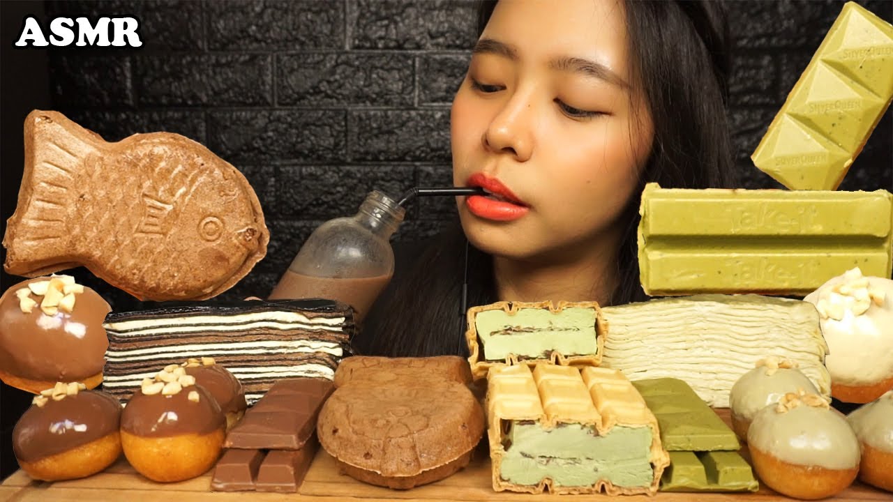 ASMR Chocolate vs Green Tea (Crepe Cake, Ice Cream Sandwich, Donuts, KitKat, & More) | Eating Sounds