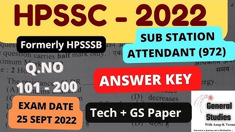HPSSC SUB STATION ATTENDENT (972)SSA - 2022 | ANSWER KEY | PART - 2 | EXAM DATE : 25 SEPT 2022