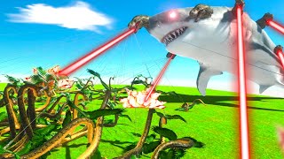 GIANT SHARK with T-REX LASER HEADS vs FLYING HARPOON SNAKES - Animal Revolt Battle Simulator Part 2