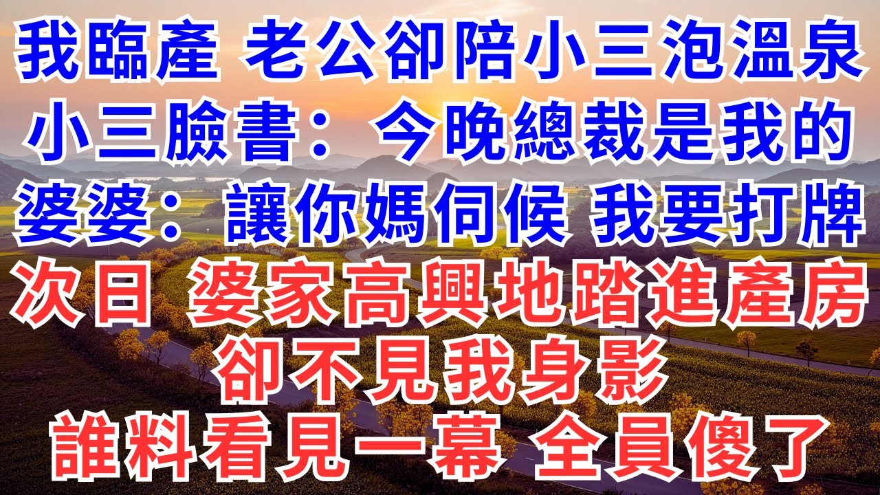 我臨產要生，老公卻陪小三泡溫泉，小三臉書發文：今晚總裁是我的，婆婆：讓你媽伺候，我要打牌！次日，婆家高興地踏進產房！卻不見我身影，誰料看見一幕 全員傻了！#為人處世#故事#小說#戀愛#情感#婚姻