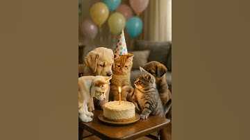 Kitten’s Birthday Party with Friends Eyeing the Cake Love Time #love #kitten #puppy
