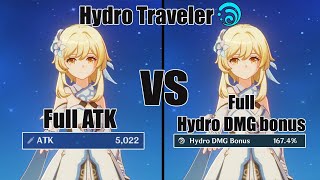 Hydro Traveler Full Atk Vs Full Hydro Dmg Team Buff And Build - Genshin Impact