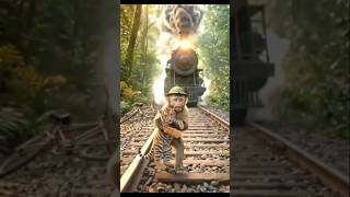 🙈🥶Monkey saves a tiger cub from an oncoming train. monkey#aishorts #monkeyshorts