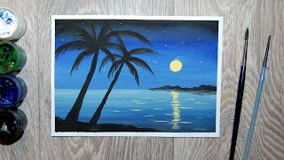 Как нарисовать ночной пейзаж с пальмой гуашью
