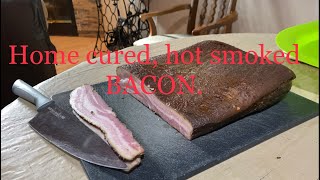 Home cured, hot smoked, peppered bacon (ingredients in description)