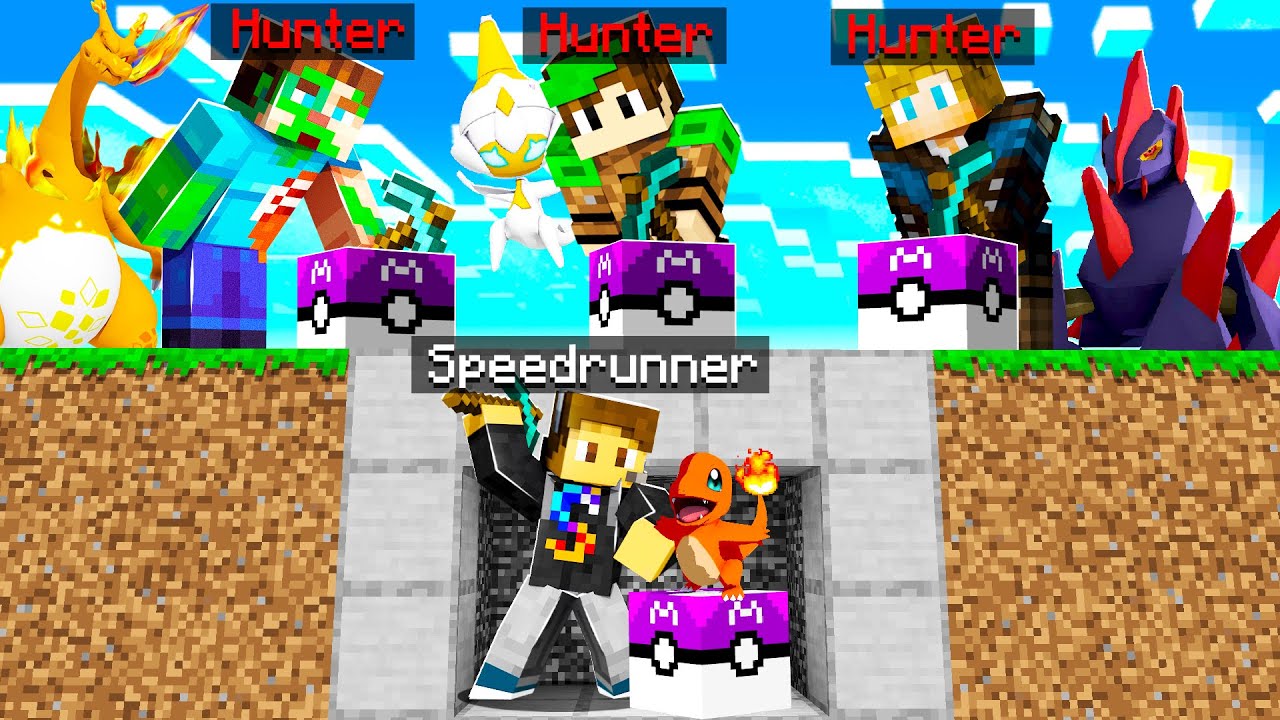 MINECRAFT PIXELMON LUCKY BLOCK MANHUNT! - 1 Speedrunner Vs. 3 Hunters