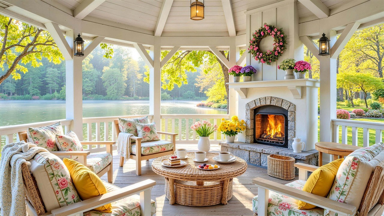 Soothing Piano Music & Fireplace for Relaxing 🌸 Cozy Spring Morning at a Lakeside Porch