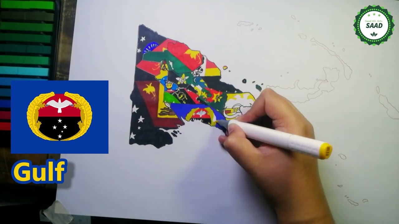 Drawing Papua New Guinea provinces flag map | Flag map drawing of Papua New Guinea provinces