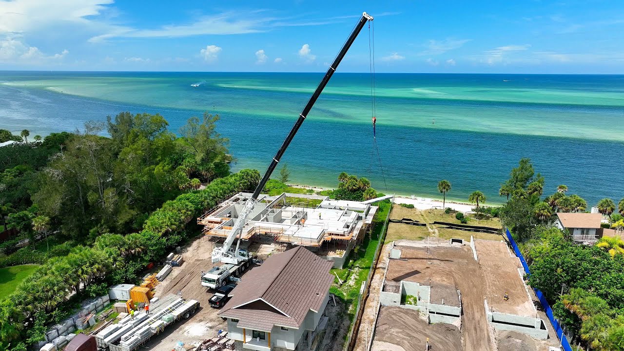 Siesta Key Mansion - Construction Drone Video - Concrete Plank Crane Installation - Sarasota Florida