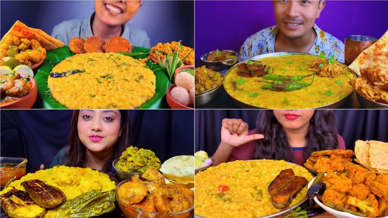 Asmr Eating 🔥Veg Khichdi/Khichuri with Dam Aloo Potol Aloo Kosha Begun Bhaja Gobi Pakoda Aloo Pakoda