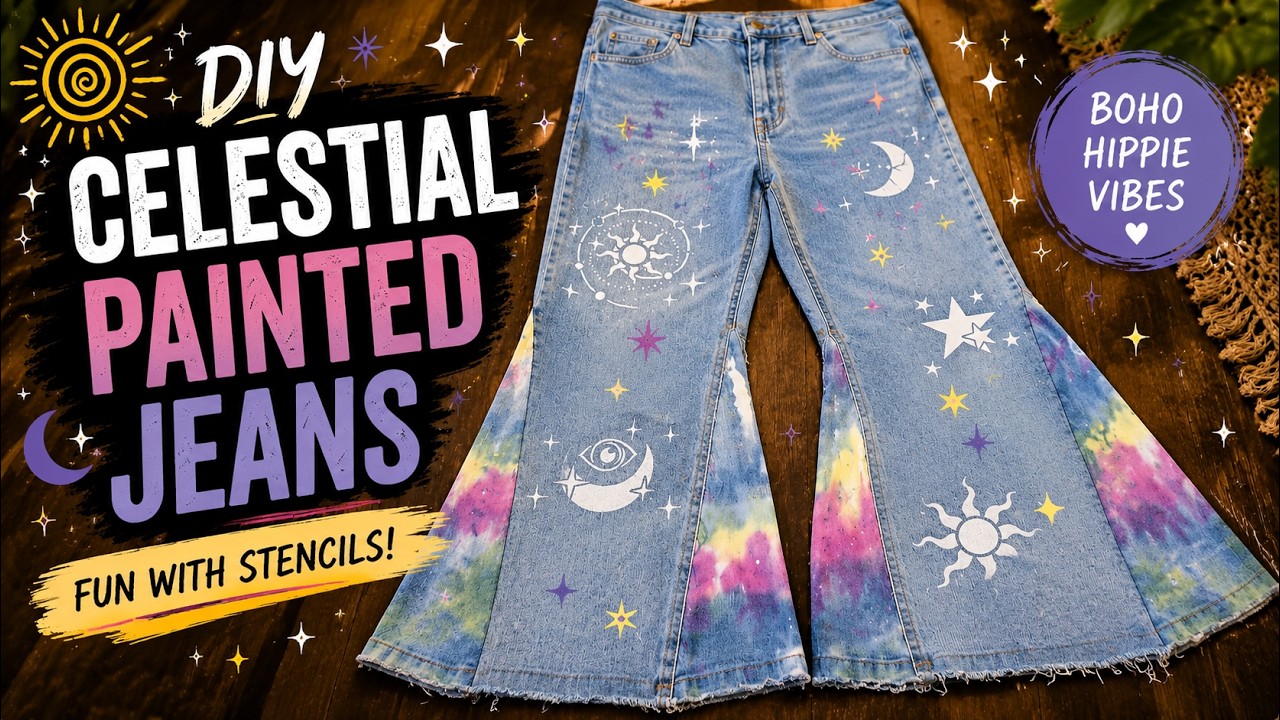 🌞 Painted Bell Bottom Jeans | Upcycled Celestial Denim DIY