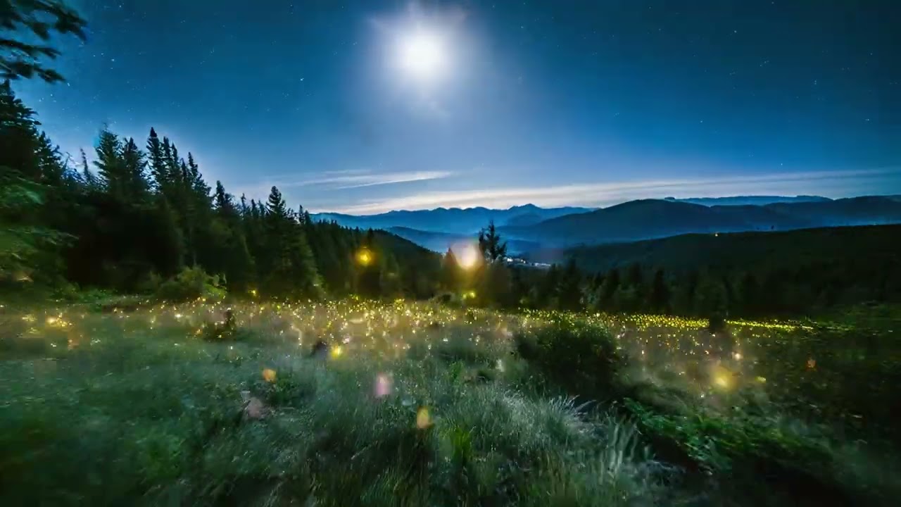Firefly Wide shot of a field of fireflies at night as a gentle breeze blows through the trees