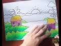 Hướng dẫn vẽ tranh phong cảnh đơn giản bằng màu sáp - How to draw simple landscape paintings