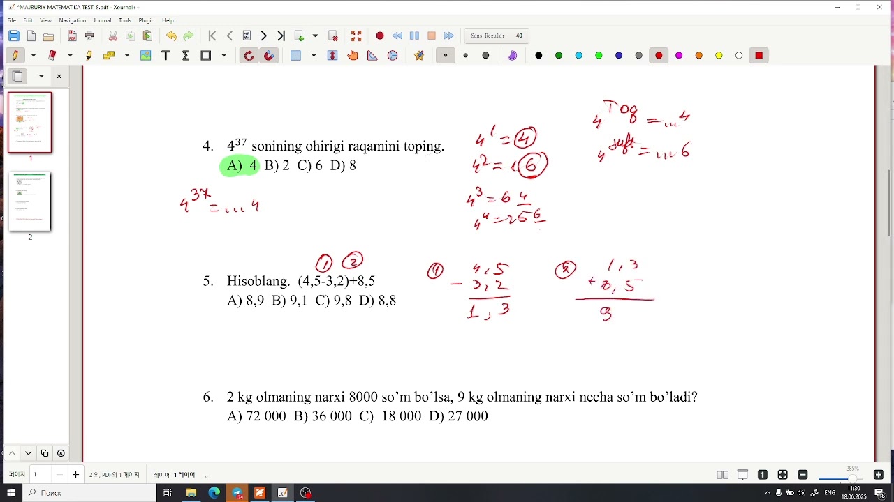 Majburiy matematika 8-test yechimi