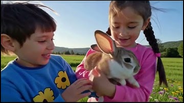 Animated video of Two kids Playing with Rabbit in the field