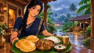 1990s Rainy Indian Village 🌧️  Chole Bhature, Fish Curry & Cozy Storm Night  Ghibli ASMR