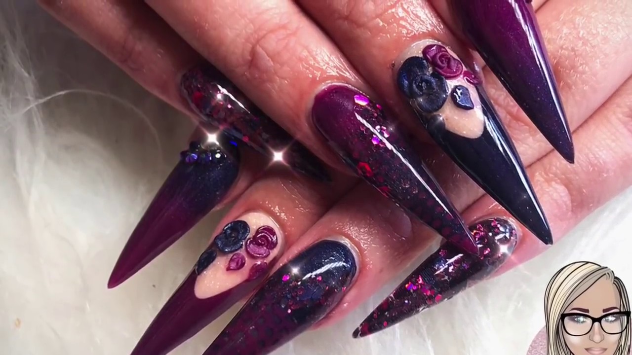 Dark acrylic nails ~ stiletto nails ~ 3D roses ~ cjp