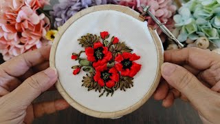 How To Embroider a Poppy Flower - Poppy Flower Ribbon Embroidery - Poppy Flower Pendant [Part 1]