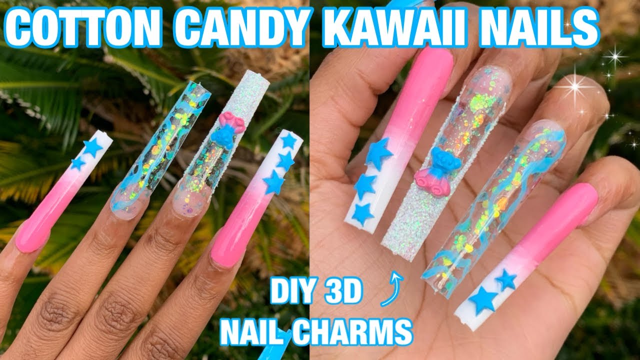 Pink & Blue Kawaii Nails, Encapsulated Apres Dupe Method, DIY 3D Nail  Charms