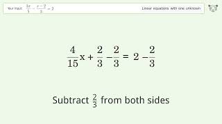 Linear equation with one unknown: Solve (3x)/5-(x-2)/3=2 step-by-step solution