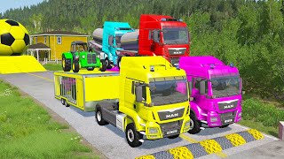 Double Flatbed Trailer Truck vs Speedbumps Train vs Cars | Tractor vs Train Beamng 77