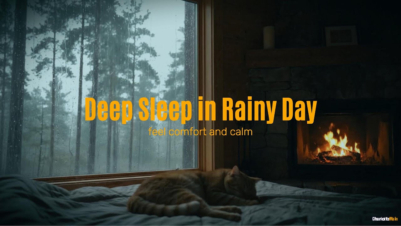 Deep Sleep in Rainy Day - Heavy Rain and Fireplace with Sleeping Cat
