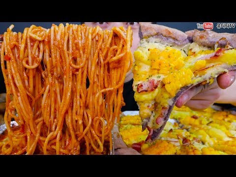 ASMR PIZZA &amp;amp; CHEESE SPAGHETTI <strong>알볼로</strong> 신메뉴 옥수수피자 &amp;amp; 치즈오븐스파게티 &amp;amp; 바게트스틱 먹방