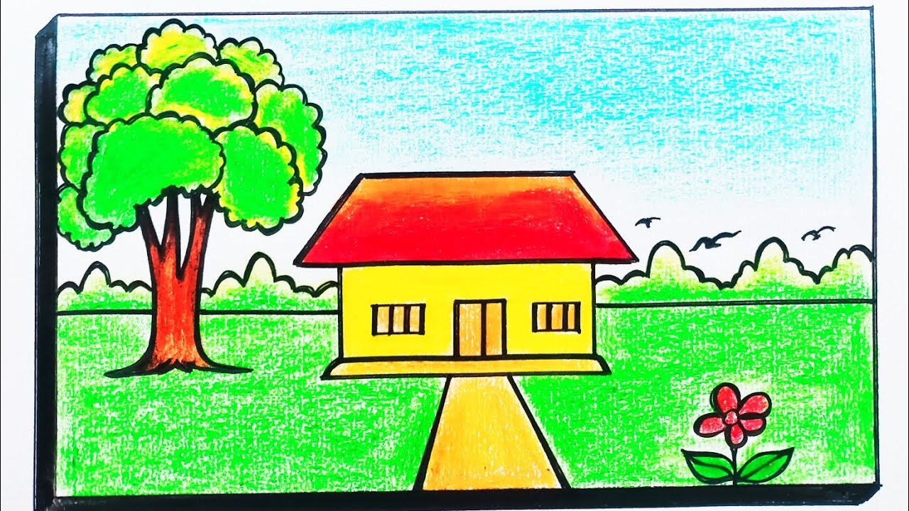Simple village scenery drawing/How to draw village scenery/Koushole Deisso aka sikhun/Easy Technique