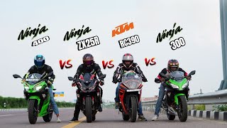 Kawasaki zx25r vs kawasaki ninja 300 vs kawasaki ninja 400 vs ktm rc 390 | quad battle 😱 screenshot 2
