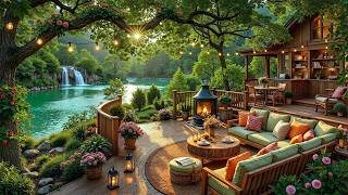 Jazz Relaxing Music | Summer Porch Ambience with Warm Fireplace by the Riverside for Work, Study