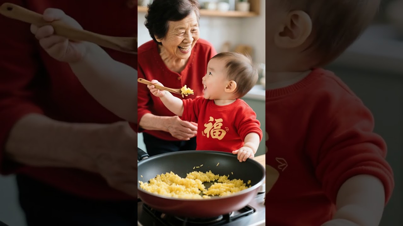 Baby fried rice for grandma to eat #baby#cute #grandma taking care of baby