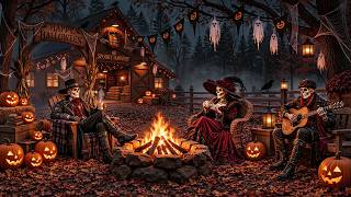Spooky Autumn Night 🎃 | Halloween Jazz Music, Crackling Fireplace & Haunted Forest Ambience