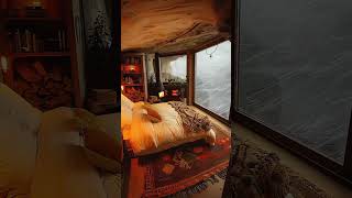 Healing, Ambiance, SleepAid, CaveCozyCabin, Burning Fireplace, Blizzard, Snowfall  #rainoundforsleep