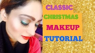 2015- Christmas Makeup Tutorial with Glitter Silver Green eyes and Red Lips - Priyanka George