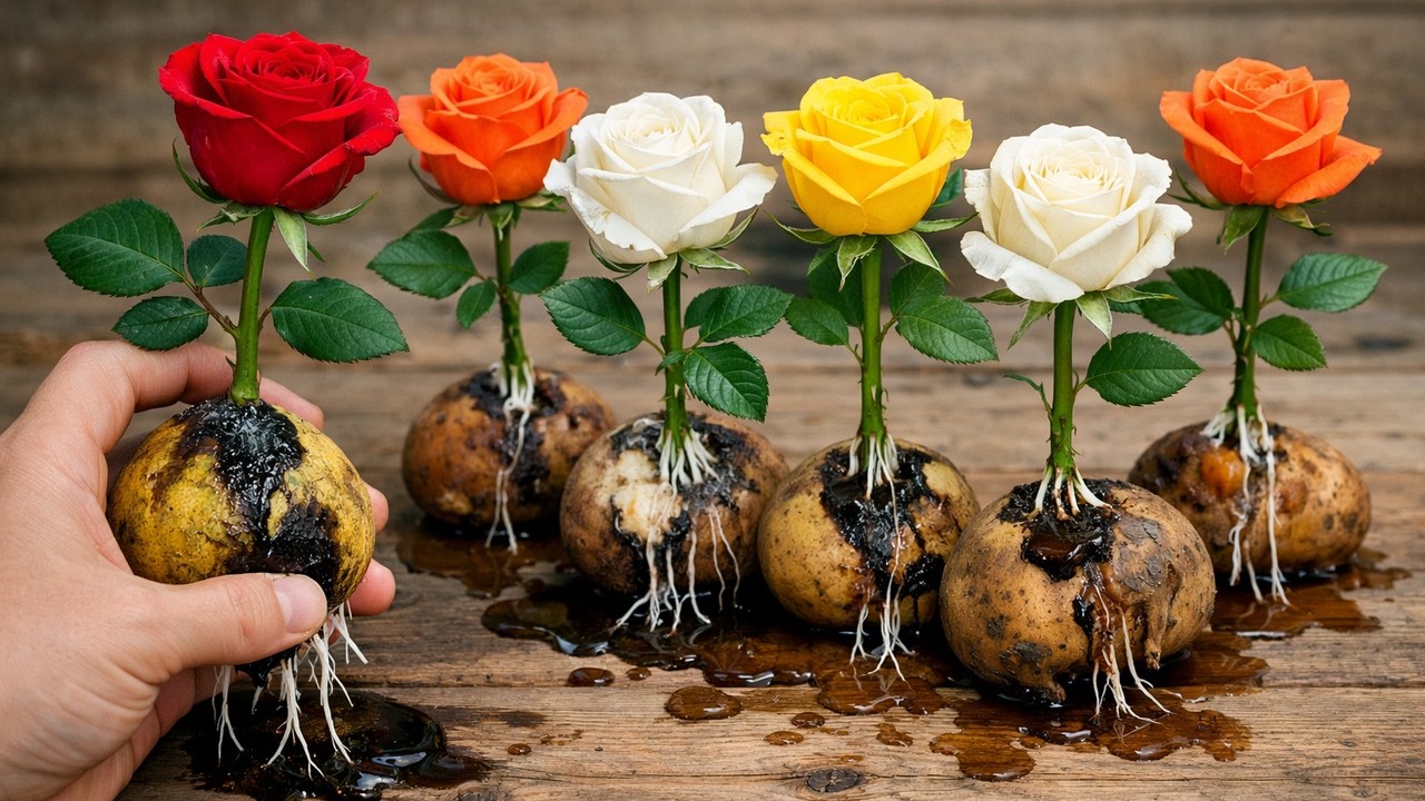 Insert a rose cutting into a potato! The cutting will root much faster (900%)