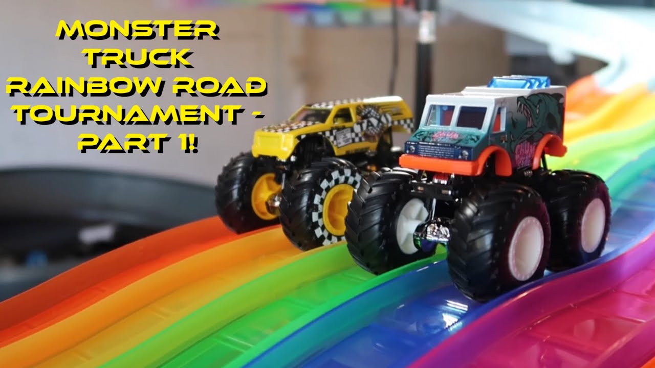HOT WHEELS MONSTER TRUCKS RAINBOW ROAD TOURNAMENT PART 1! MONSTER TRUCK DIE CAST RACING! YouTube